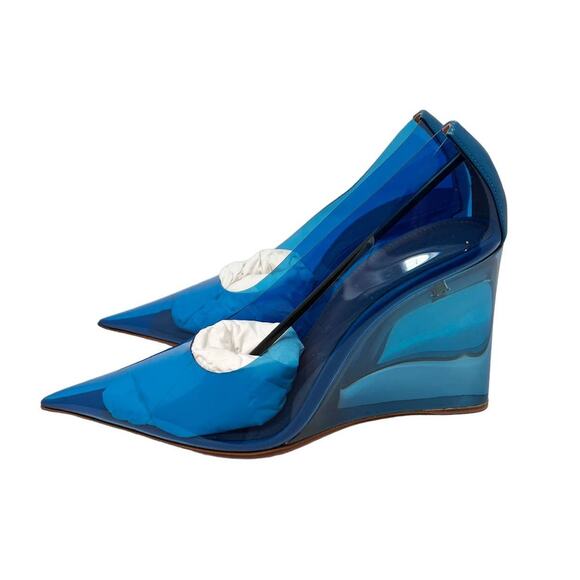 NEW Amina Muaddi Ane Pointed Toe PVC Glass Patent Wedges Heels Blue US 7.5 - Picture 7 of 13